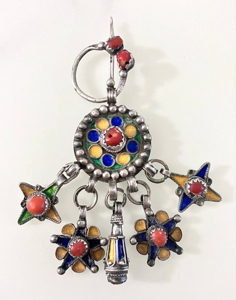 Antique Silver Kabyle Fibula Brooch Pin Algerian Coral Enamel Franc Coin Dangle